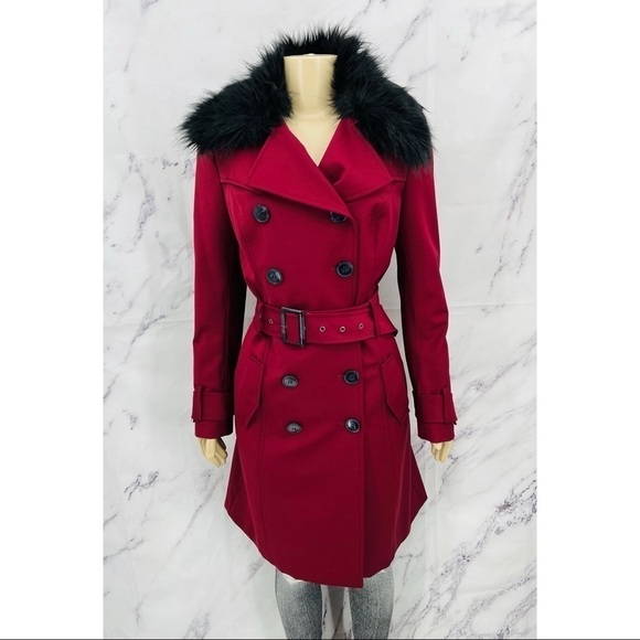 Runway New York Faux Fur Double Breasted Trench Coat Deep Red - Picture 6 of 6